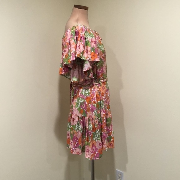 Rachel Zoe Mini Dress Size Medium Pink Floral Ruffle OTS Off Shoulder - Picture 3 of 7